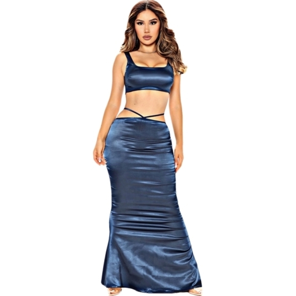 Fashion Nova Blue Satin Two-Piece Prom Dress - Picture 5 of 11